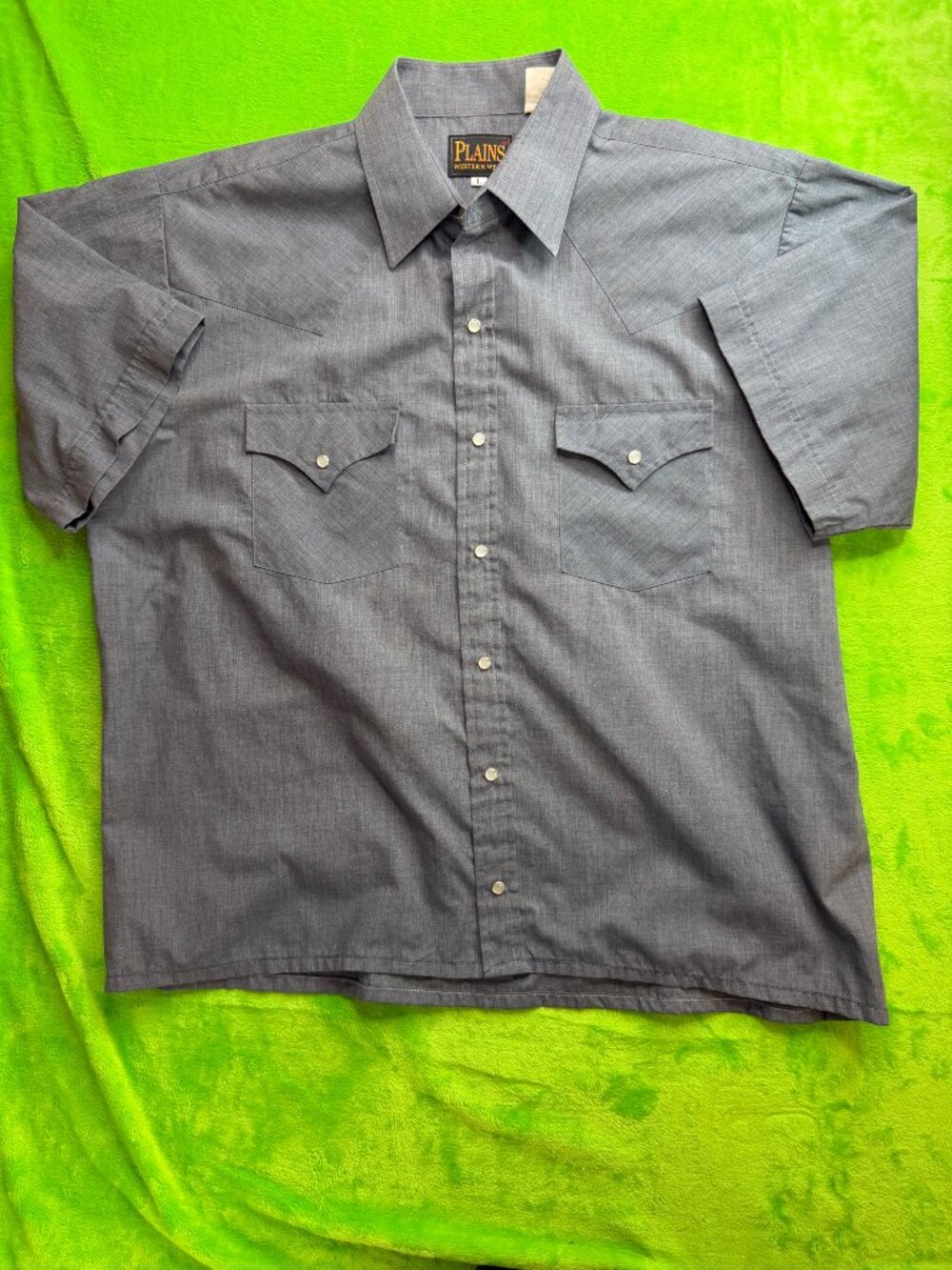 Vtg Plains Western Wear Pearl Snap SS Shirt Mens Sz L Gray Chambray Yoke